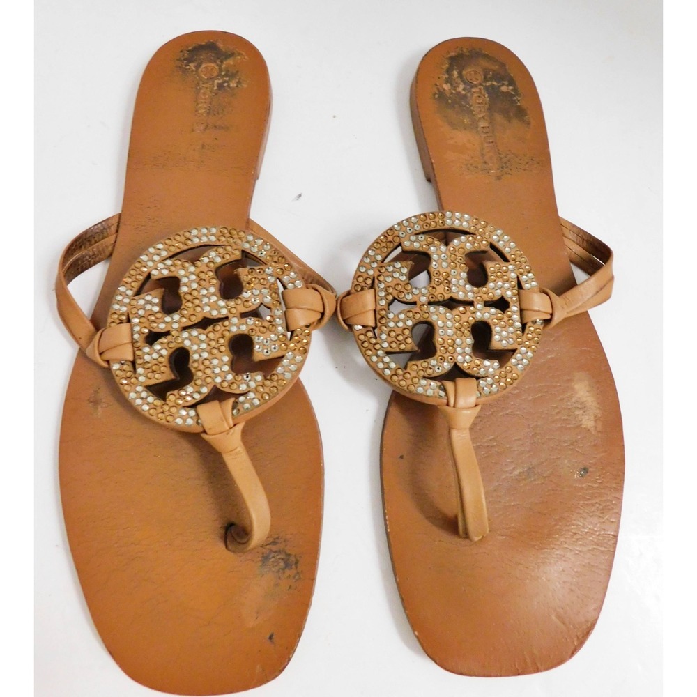 Tory Burch Crystal Miller Brown Leather Thong Sandals Size 9 M